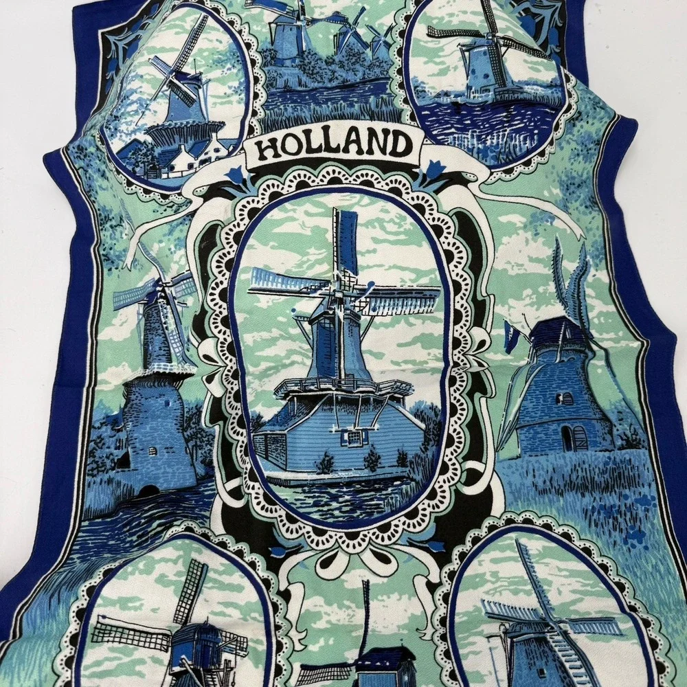 Vintage Holland Tea Towel Dutch Windmills Blue Green 100% Cotton Souvenir